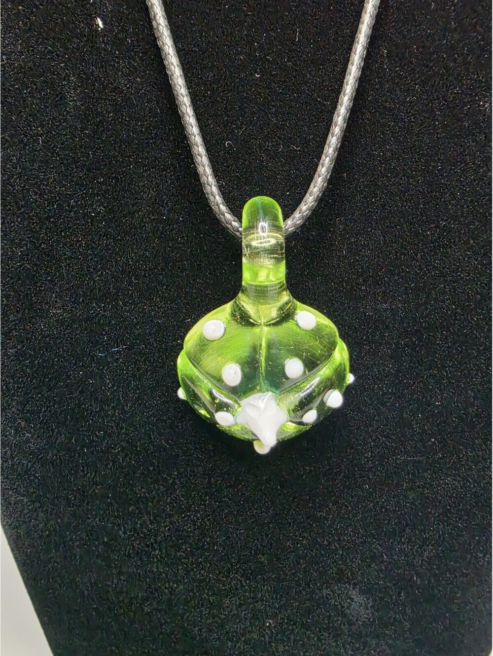 Vintage Hand Blown Lime Green Art Glass Pendant Necklace White Dots 16"
